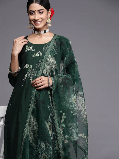 Odette Women Dark Green Embroidered Straight Stitched Kurta Set