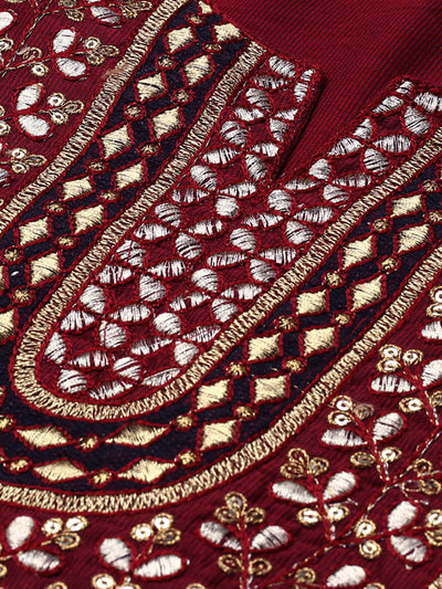 Odette Women Maroon Embroidered Straight Stitched Kurta Set