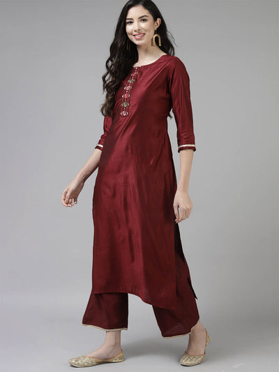 Odette Women Maroon Embroidered Straight Stitched Kurta Set