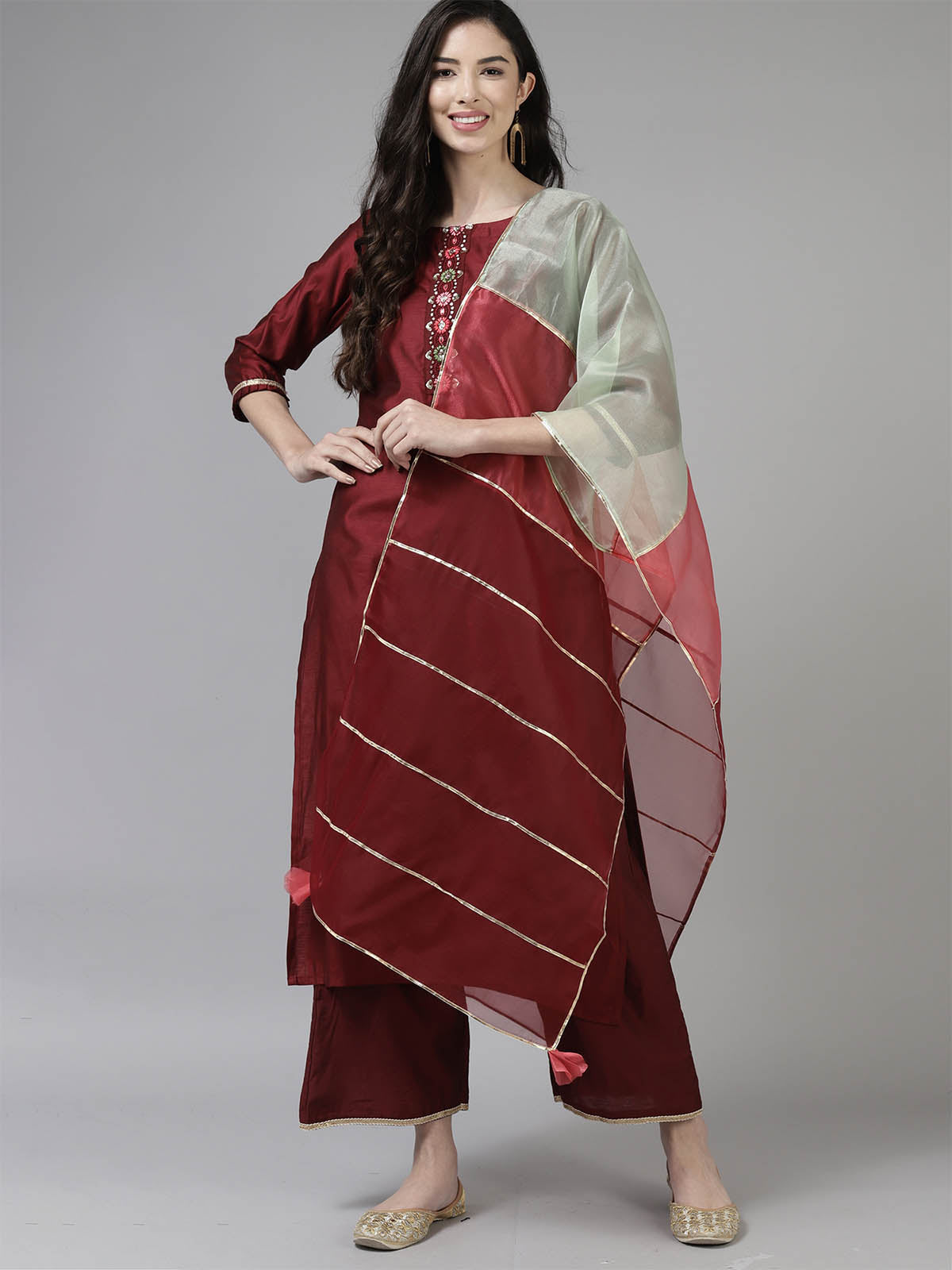 Odette Women Maroon Embroidered Straight Stitched Kurta Set