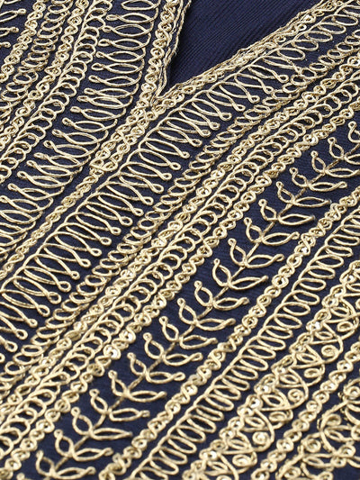 Odette Women Navy Blue Embroidered Straight Stitched Kurta Set
