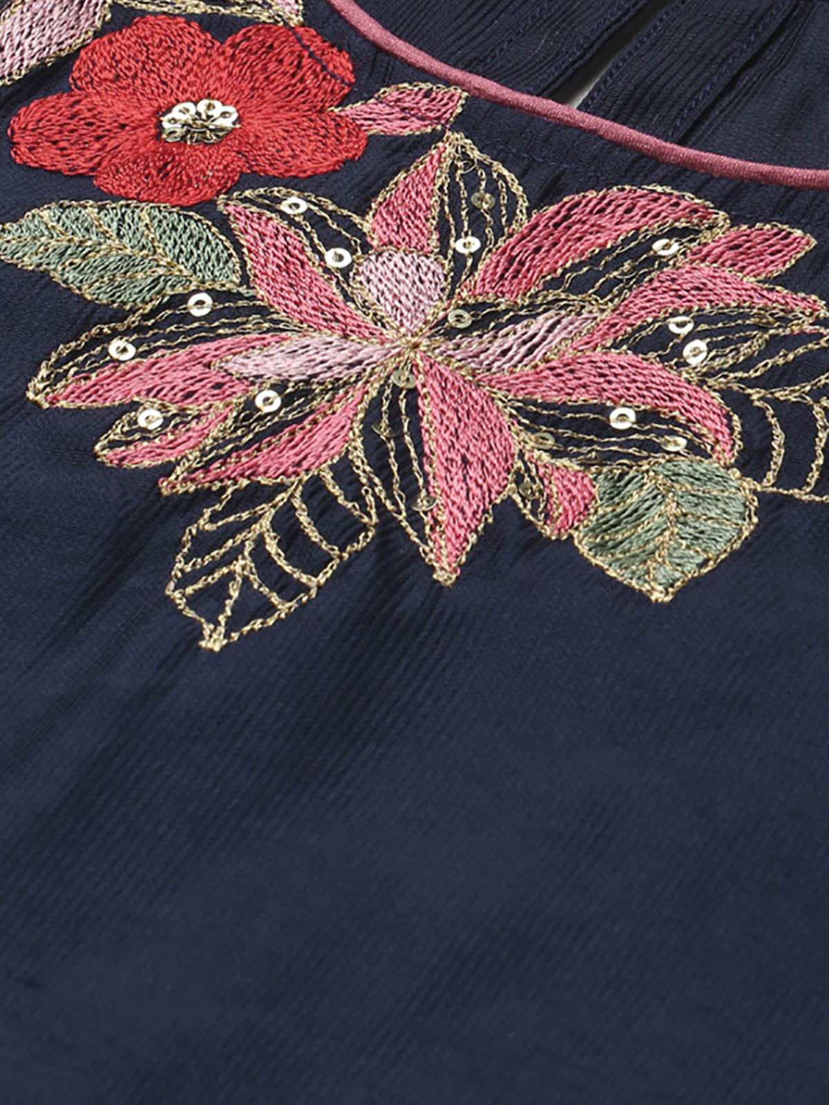 Odette Women Navy Blue Embroidered Straight Stitched Kurta Set