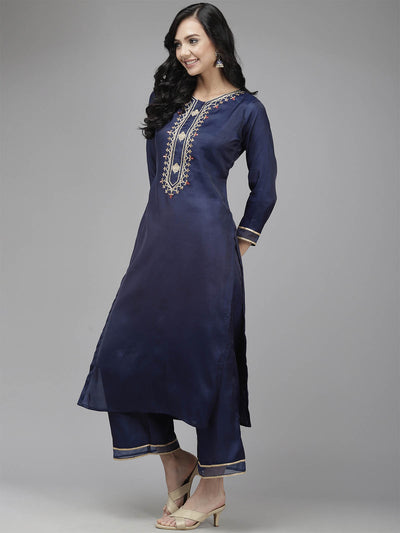 Odette Women Navy Blue Embroidered Straight Stitched Kurta Set