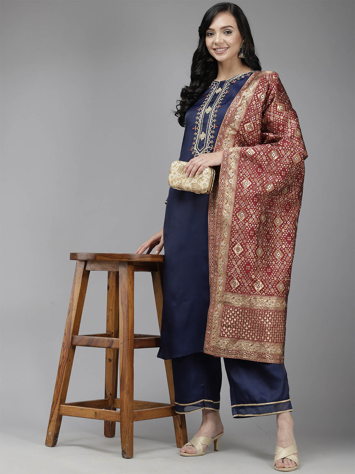 Odette Women Navy Blue Embroidered Straight Stitched Kurta Set