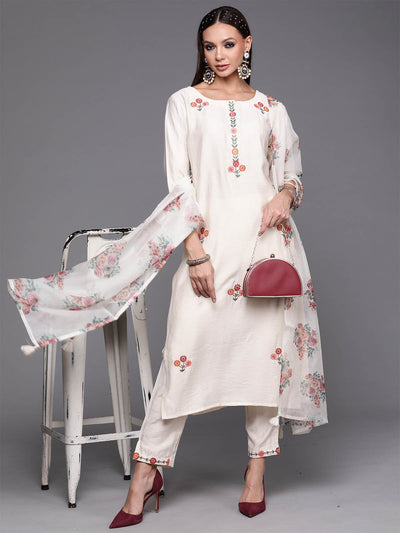 Odette Women Off White Floral Embroidered Straight Stitched Kurta Trouser With Dupatta Set