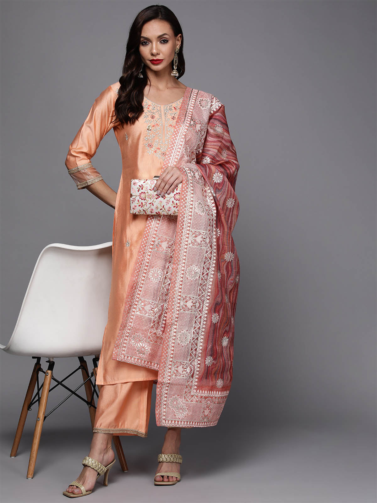 Odette Peach Embroidered Stitched Kurta Set For Women