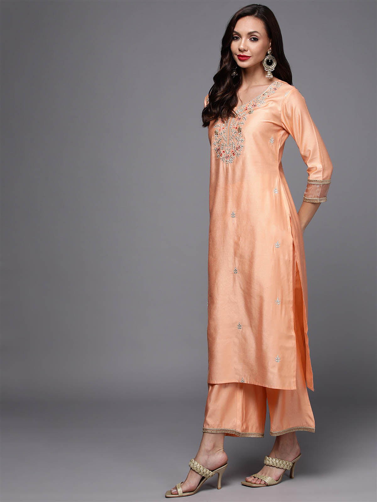 Odette Peach Embroidered Stitched Kurta Set For Women