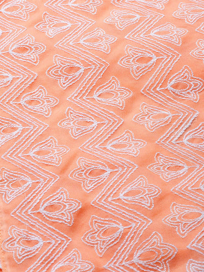 Odette Women Peach Embroidered Straight Stitched Kurta Trouser With Dupatta Set