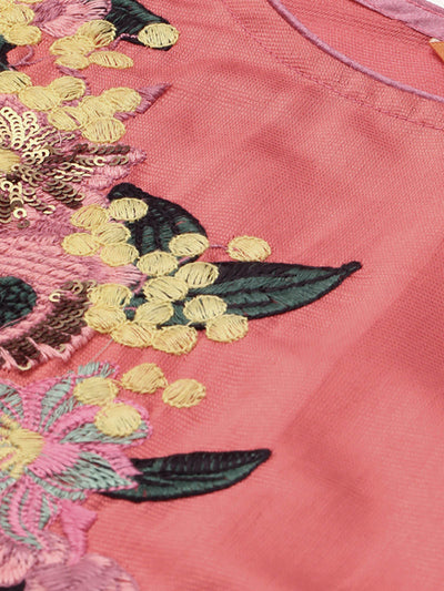 Odette Women Pink Embroidered Stitched Kurta Set