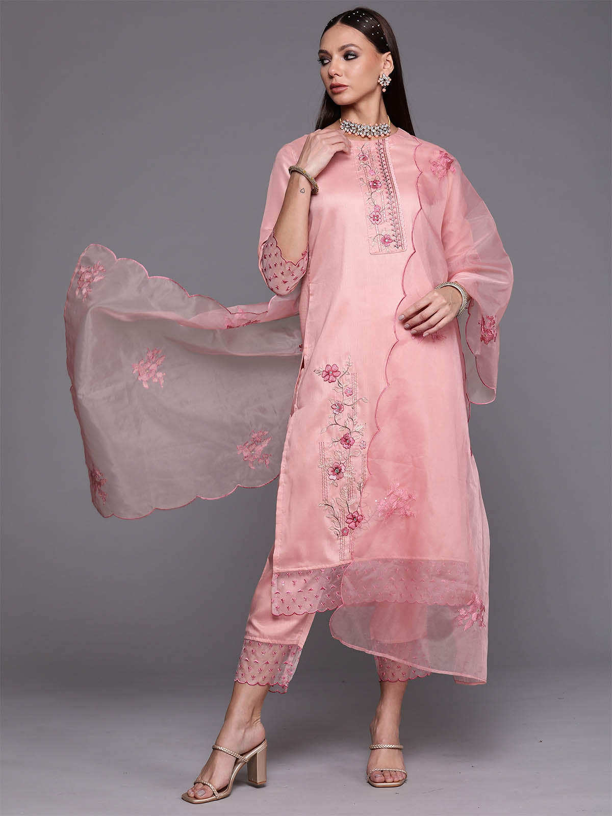 Odette Women Pink Floral Embroidered Straight Stitched Kurta Trouser With Dupatta Set