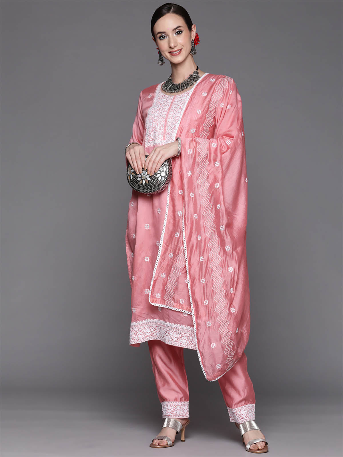Odette Women Pink Embroidered Straight Stitched Kurta Set For Ladies
