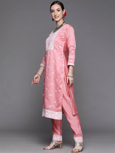 Odette Women Pink Embroidered Straight Stitched Kurta Set For Ladies
