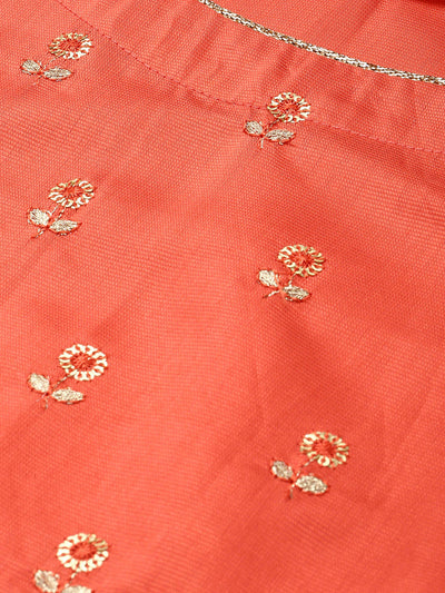 Odette Women Peach Embroidered Straight Stitched Kurta Palazzo With Dupatta Set