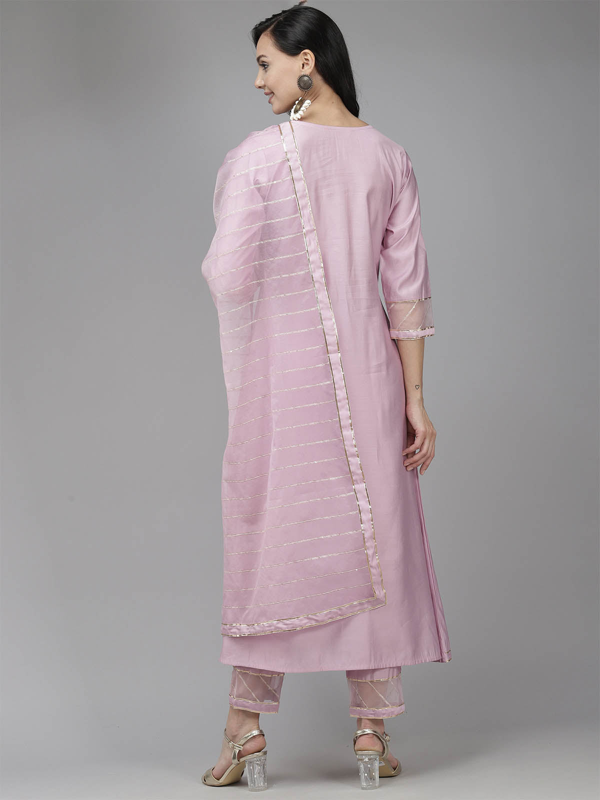Odette Women Pink Solid A-Line Stitched Kurta Trouser With Dupatta Set