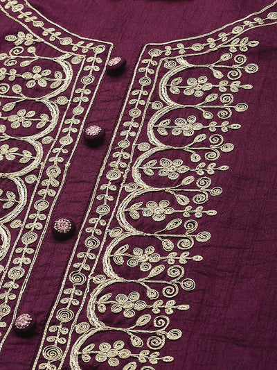 Odette Women Purple Embroidered Straight Stitched Kurta Trouser With Dupatta Set