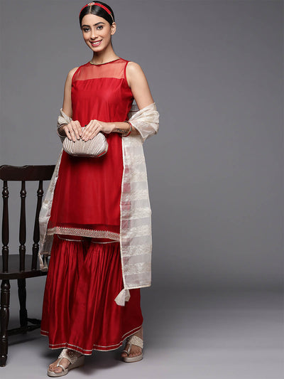 Red Solid Straight Stitched Kurta Sharara With Dupatta Set