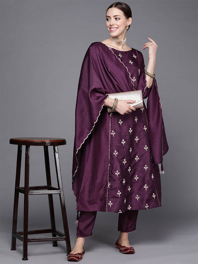Odette Women Violet Embroidered Straight Stitched Kurta Trouser With Dupatta Set