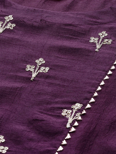 Odette Women Violet Embroidered Straight Stitched Kurta Trouser With Dupatta Set