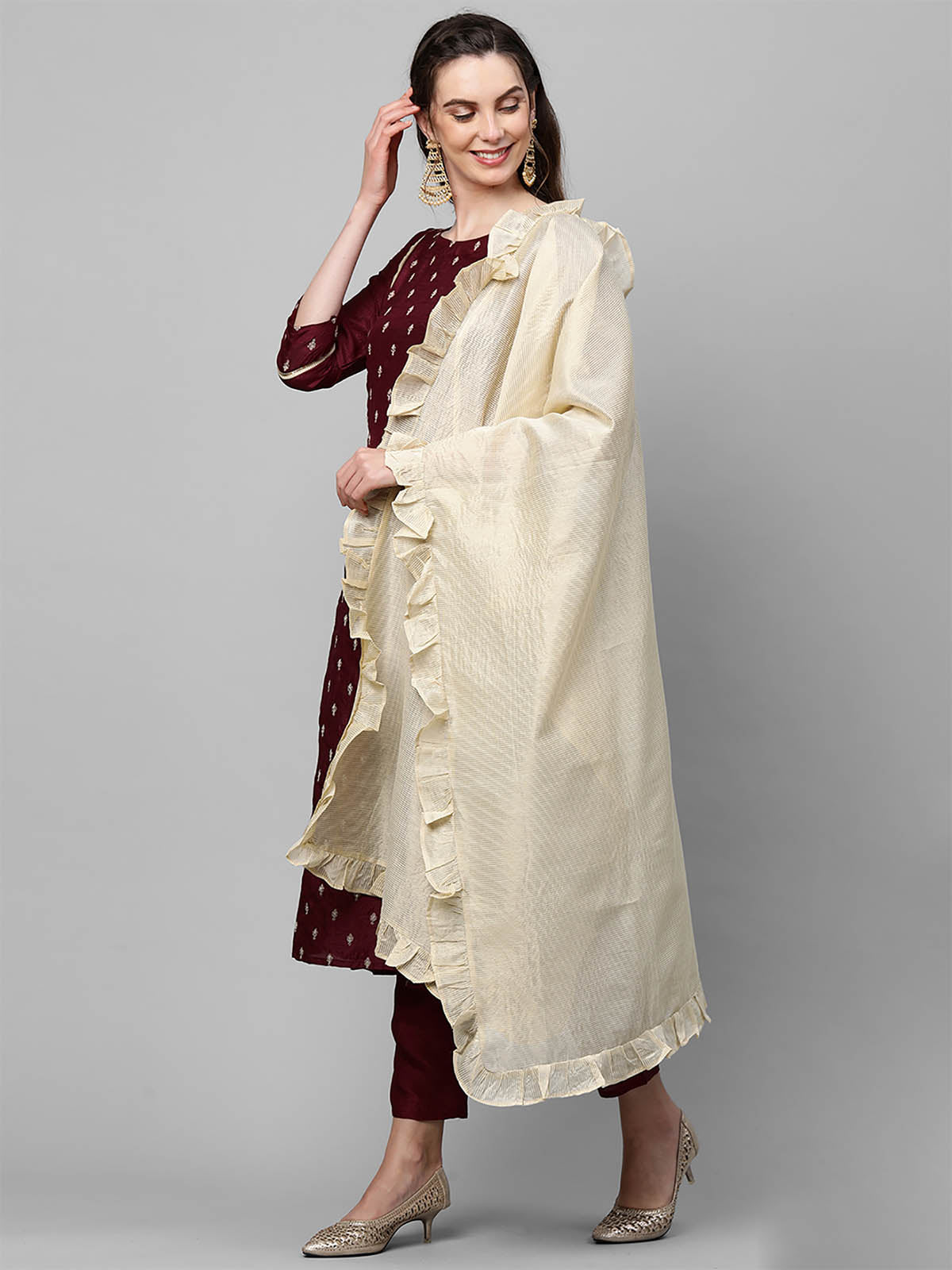 Maroon Embroidred A - Line Stitched Kurta Trouser With Dupatta