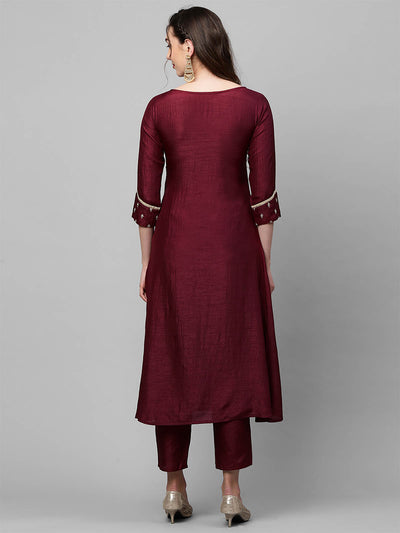 Maroon Embroidred A - Line Stitched Kurta Trouser With Dupatta