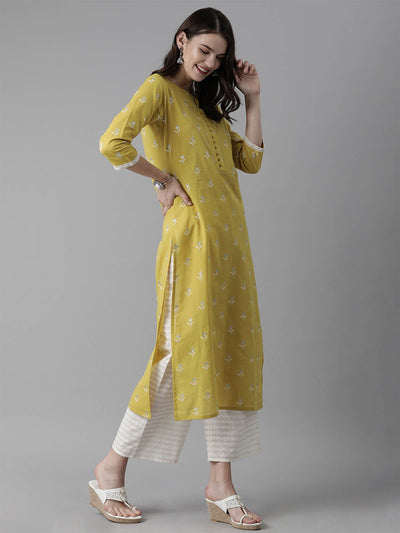 Odette Women Olive Printed Straight Stitched Kurta Palazzo Set