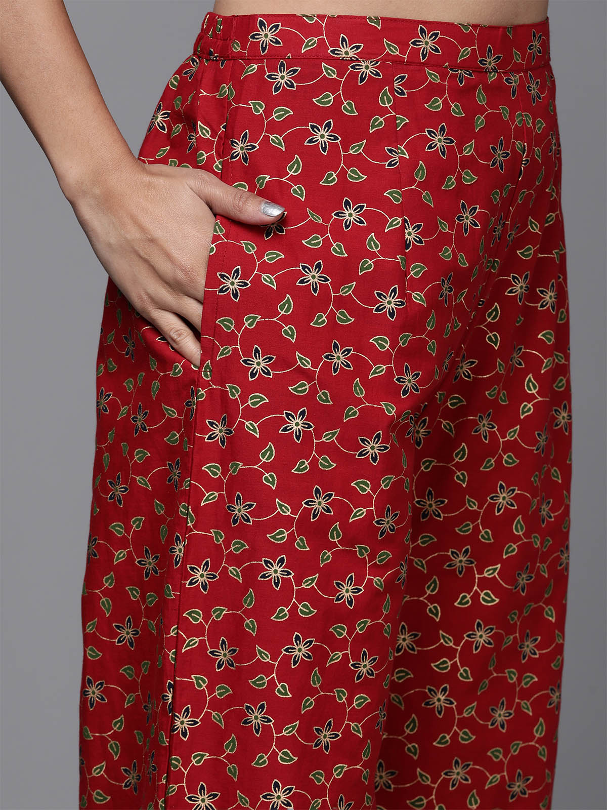Odette Women Red Foil Printed Straignt Stitched Kurta Palazzo Set