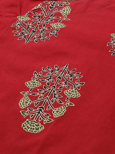 Odette Women Red Foil Printed Straignt Stitched Kurta Palazzo Set