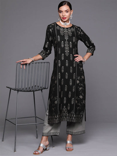 Odette Women Black Foil Printed Straight Stitched Kurta With Palazzo Set