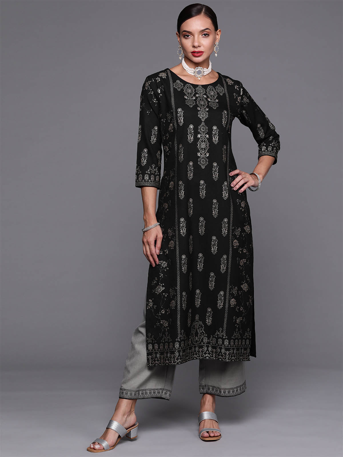 Odette Women Black Foil Printed Straight Stitched Kurta With Palazzo Set