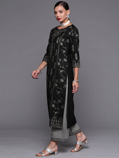 Odette Women Black Foil Printed Straight Stitched Kurta With Palazzo Set