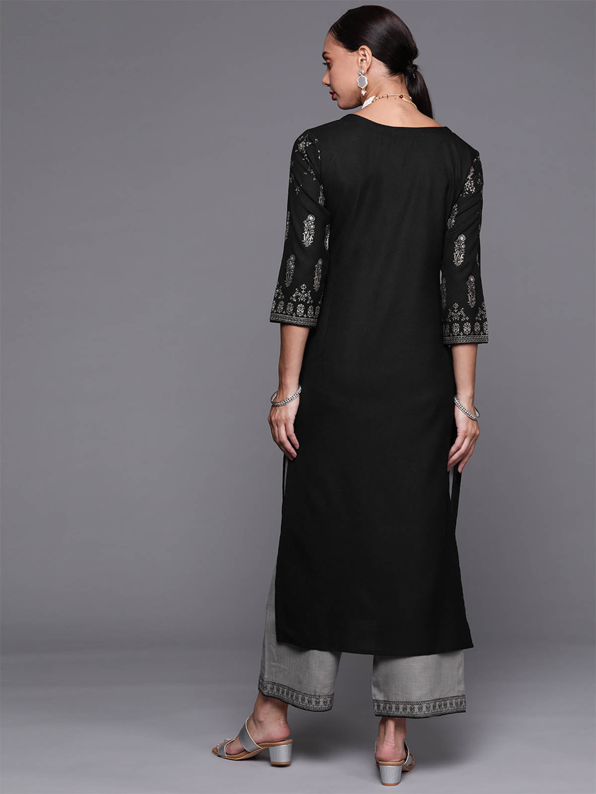 Odette Women Black Foil Printed Straight Stitched Kurta With Palazzo Set