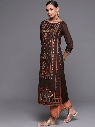 Brown Foil Printed Straight Stitched Kurta With Palazzo Set