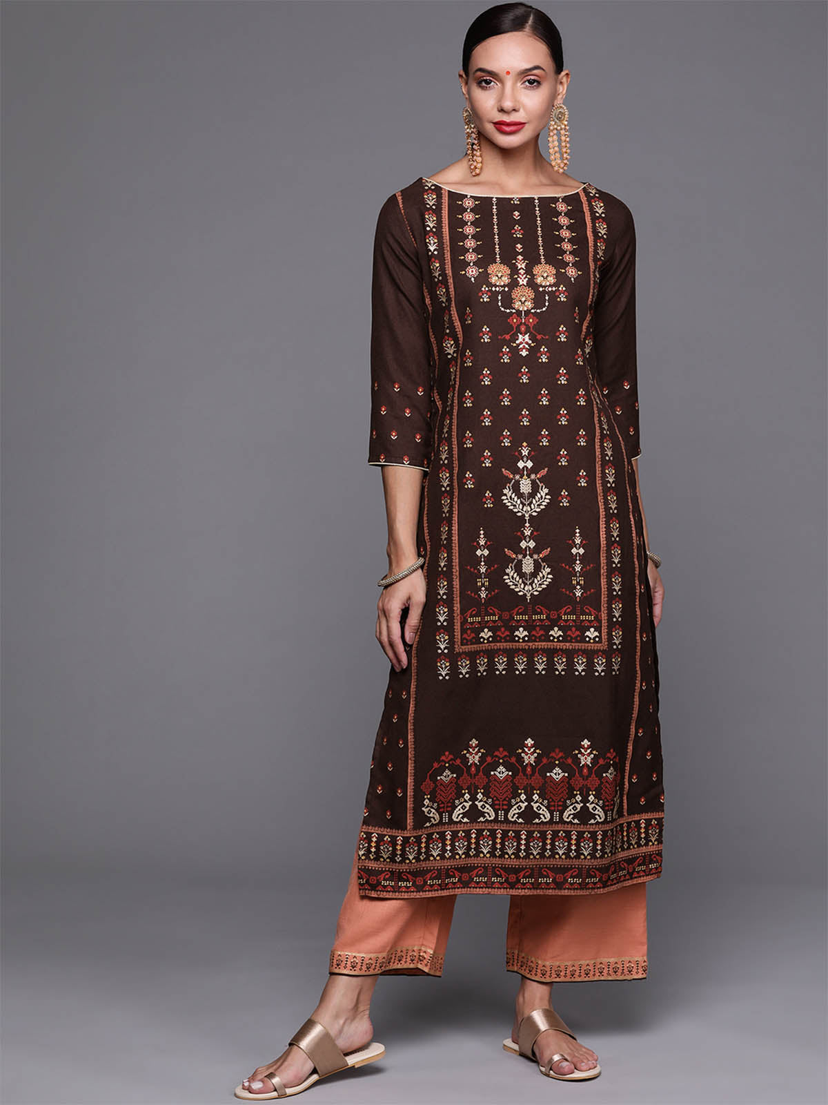 Brown Foil Printed Straight Stitched Kurta With Palazzo Set