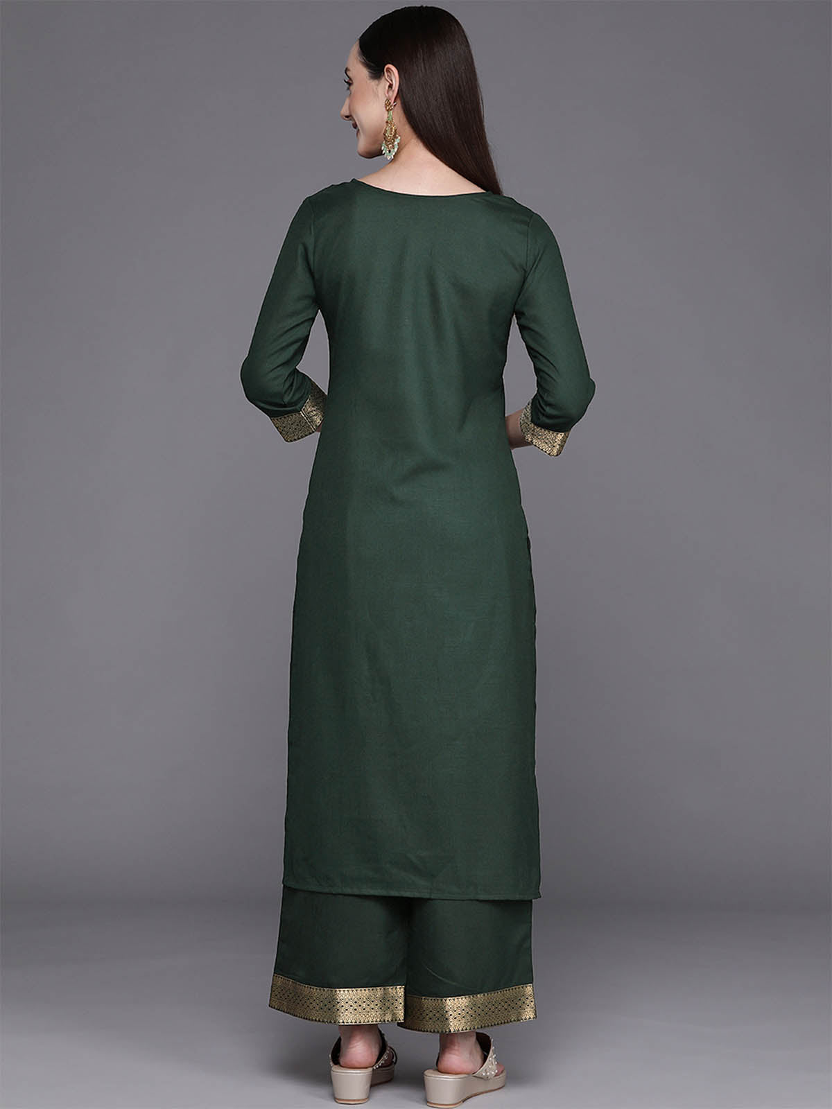 Odette Women Solid Green Straight Stitched Kurta Palazzo Set