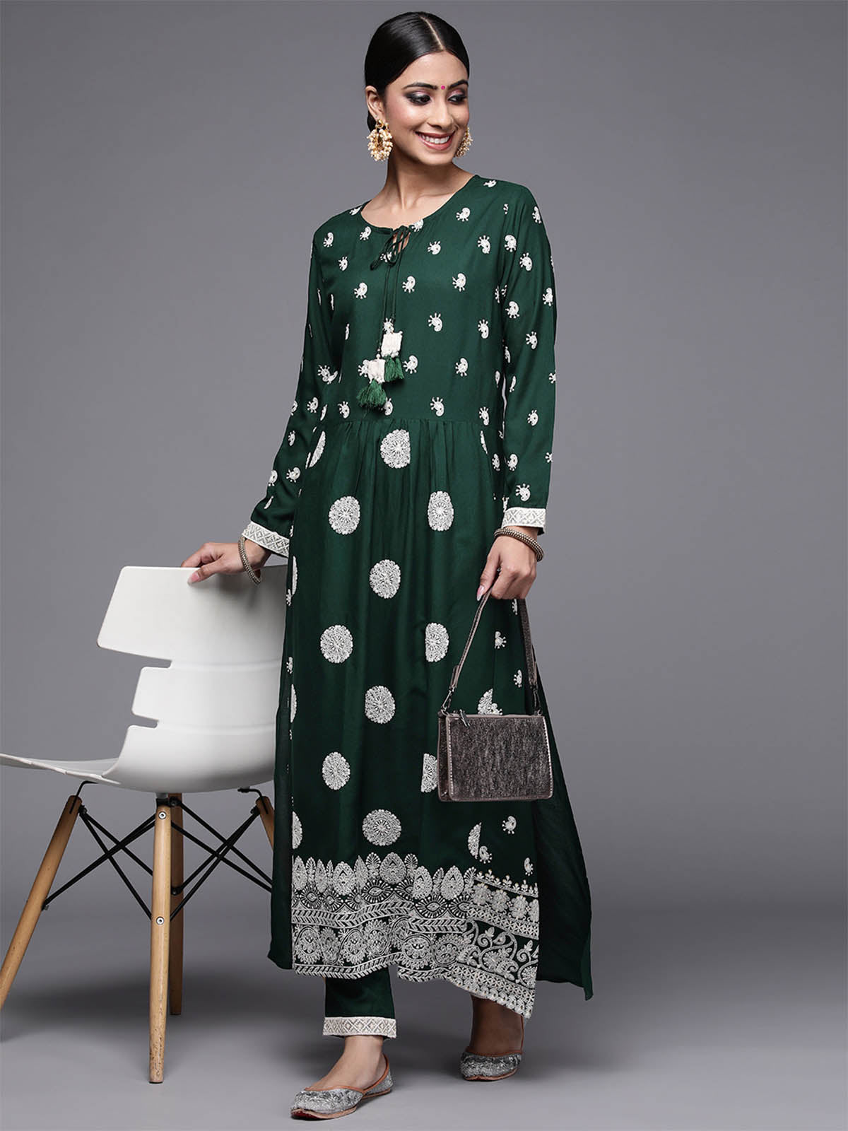 Odette Women Bottle Green Embroidered Straight Stitched Kurta With Trouser Set