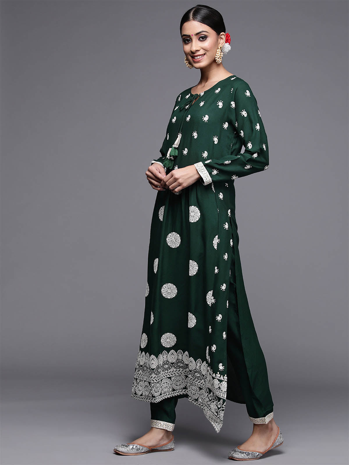 Odette Women Bottle Green Embroidered Straight Stitched Kurta With Trouser Set