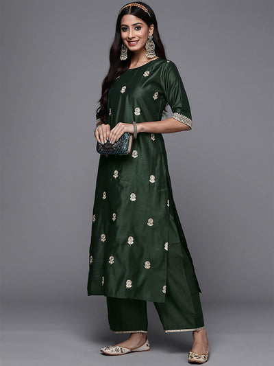 Odette Women Bottle Green Embroidered Straight Stitched Kurta Trouser Set