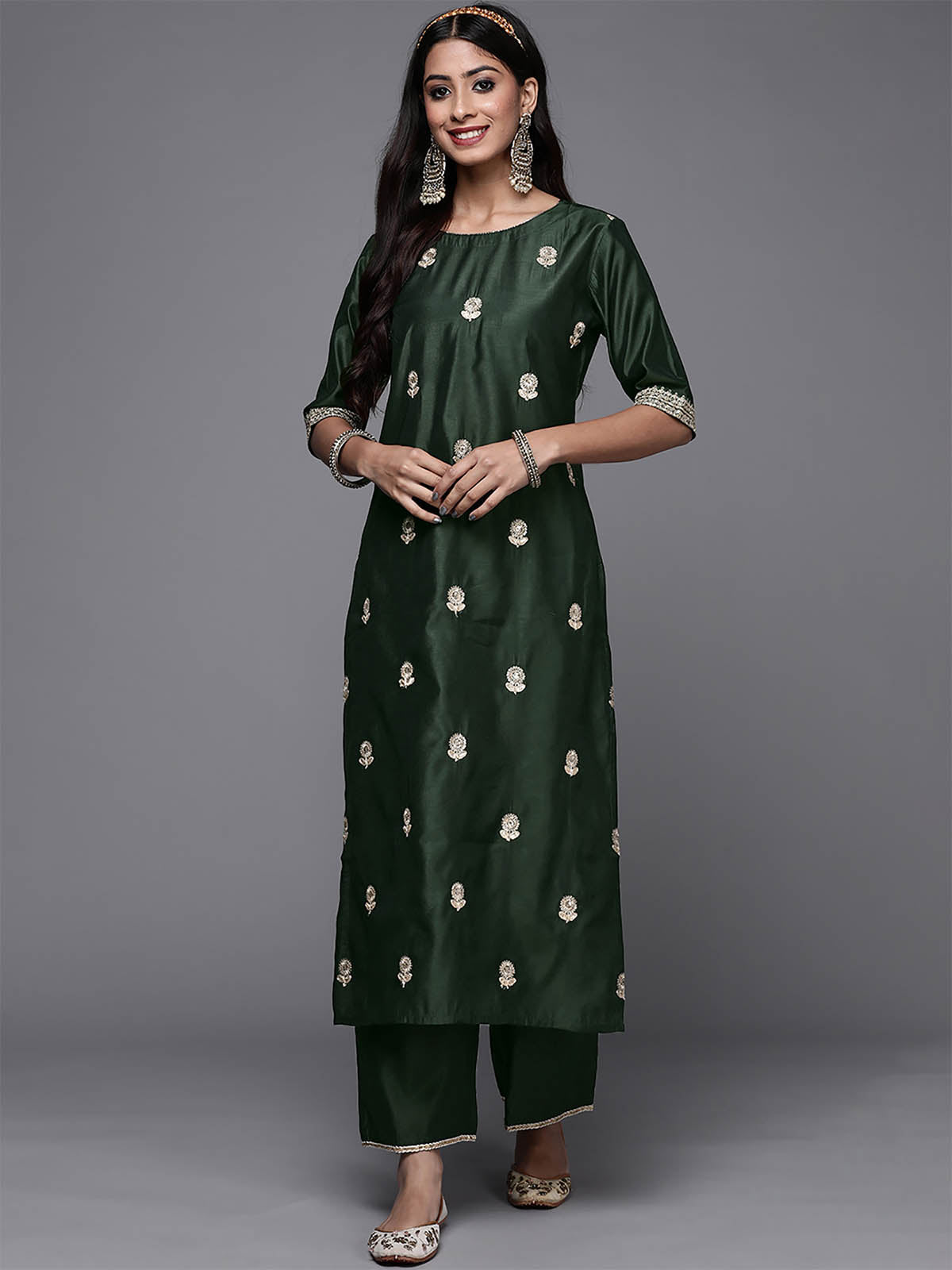 Odette Women Bottle Green Embroidered Straight Stitched Kurta Trouser Set