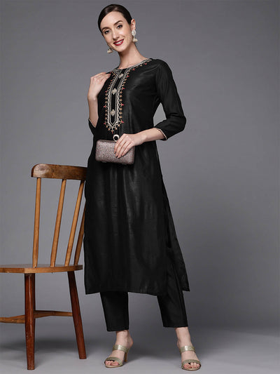 Odette Women Black Embroidered Straight Stitched Kurta Trouser Set
