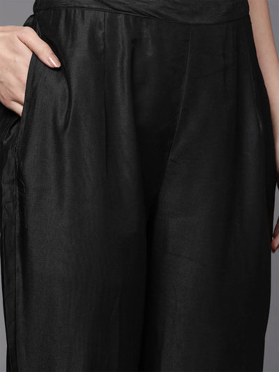 Odette Women Black Embroidered Straight Stitched Kurta Trouser Set