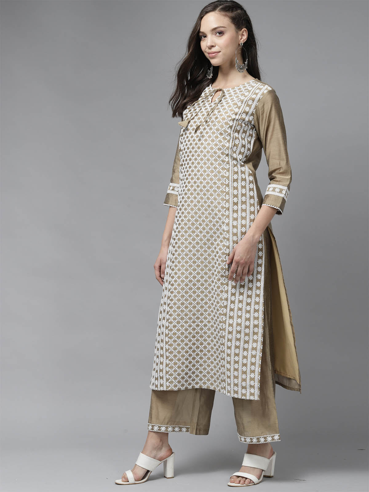 Odette Women Brown Embroidered Straight Stitched Kurta With Palazzo Set