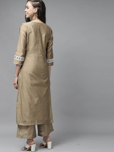 Odette Women Brown Embroidered Straight Stitched Kurta With Palazzo Set