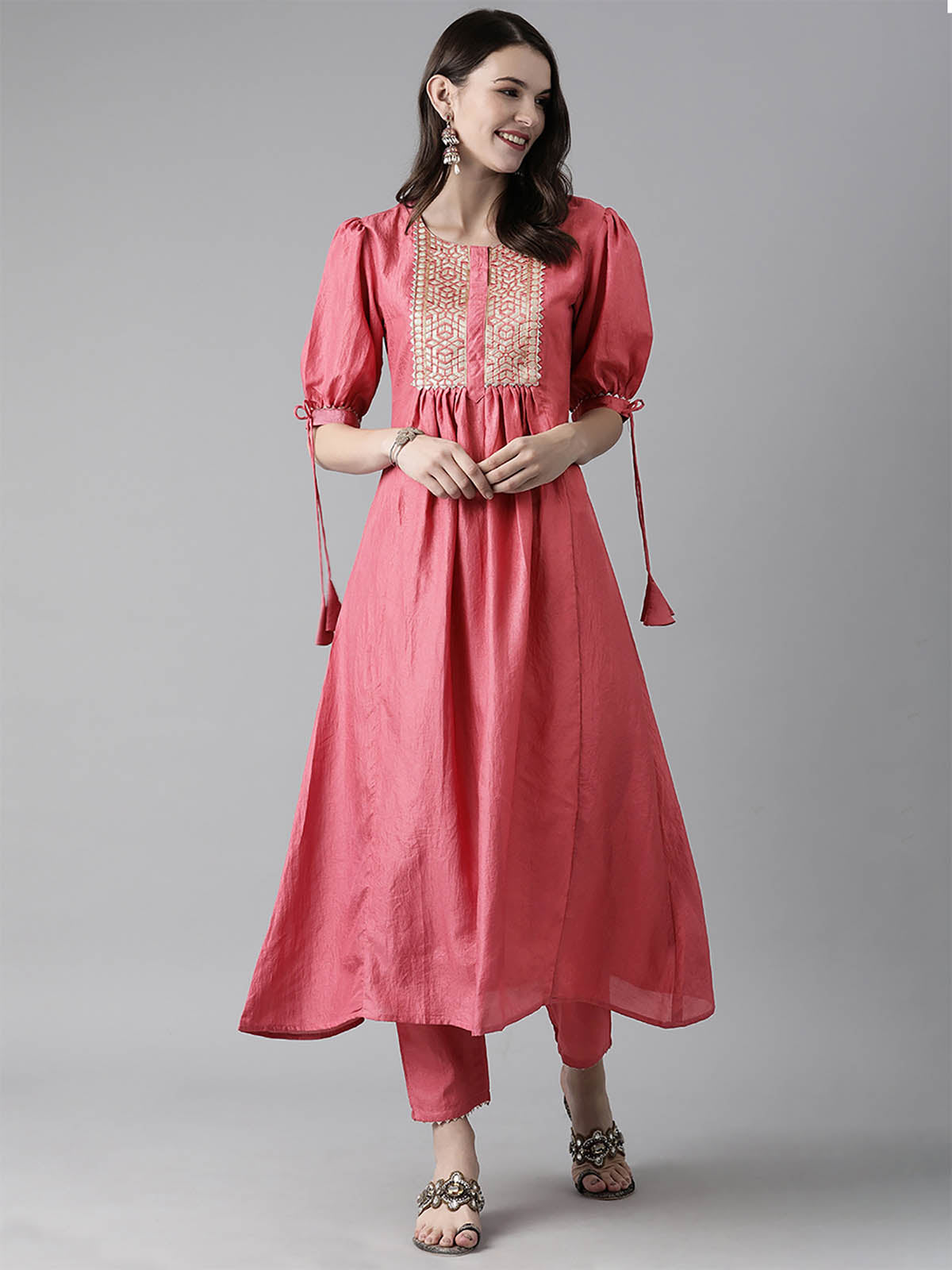 Odette Women Pink Solid A-Line Stitched Kurta Trouser Set