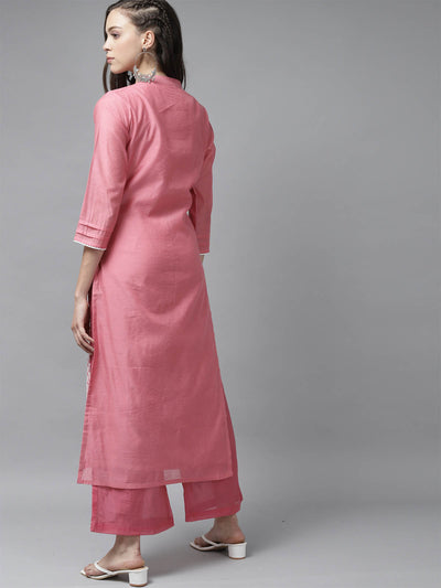 Odette Women Pink Embroidered Straight Stitched Kurta With Palazzo Set