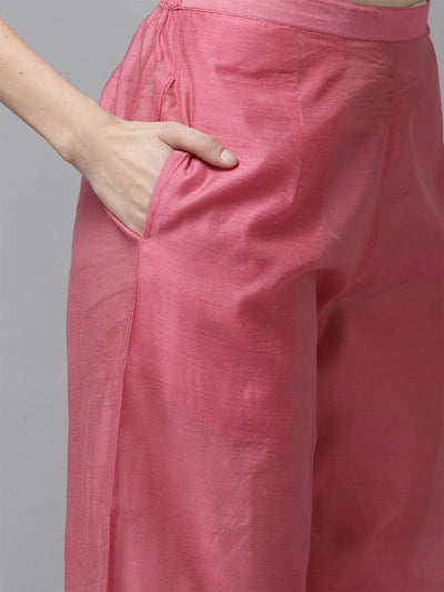 Odette Women Pink Embroidered Straight Stitched Kurta With Palazzo Set
