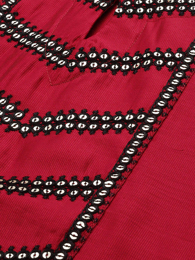 Odette Women Red Solid Straight Stitched Kurta Trouser Set