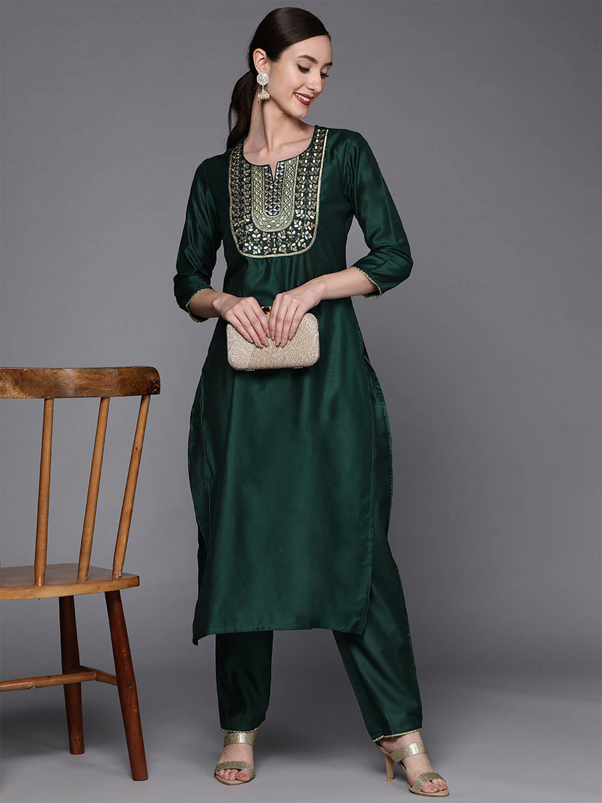 Odette Women Teal Embroidered Straight Stitched Kurta Trouser Set