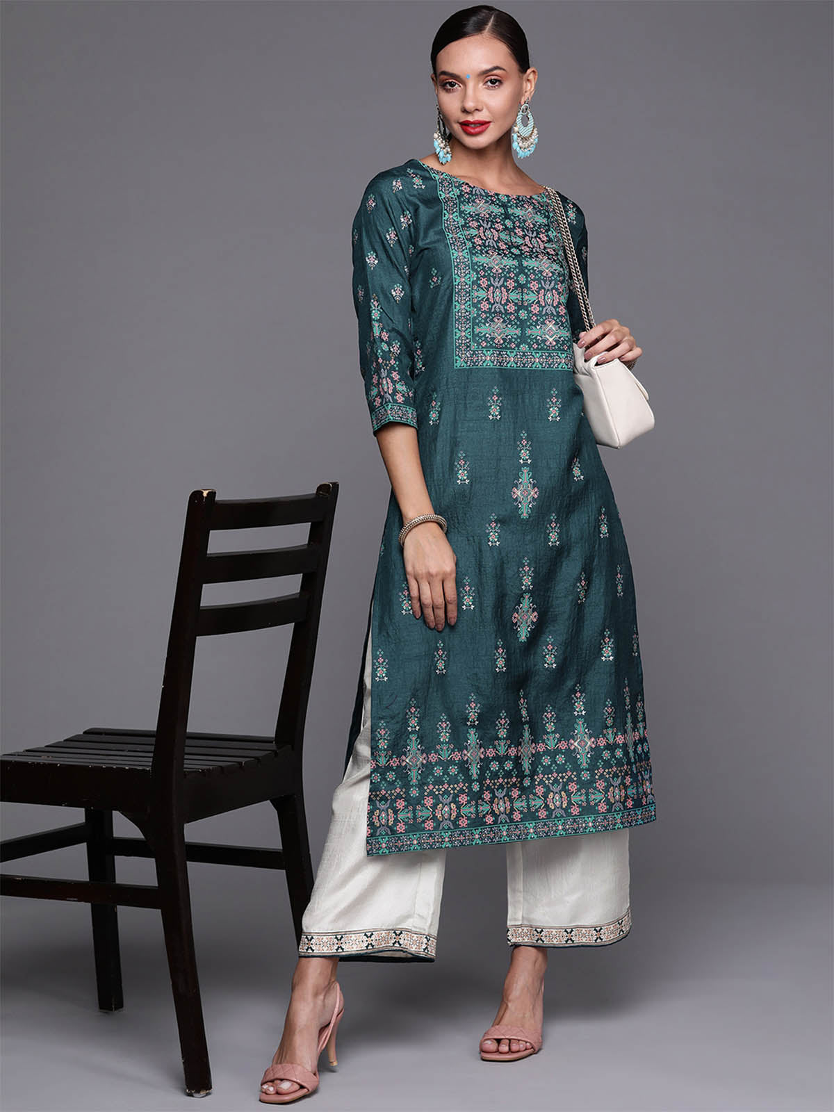 Odette Women Teal Foil Printed Straight Stitched Kurta With Palazzo Set