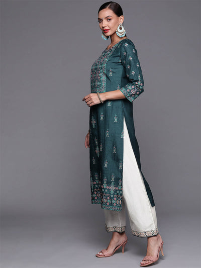 Odette Women Teal Foil Printed Straight Stitched Kurta With Palazzo Set