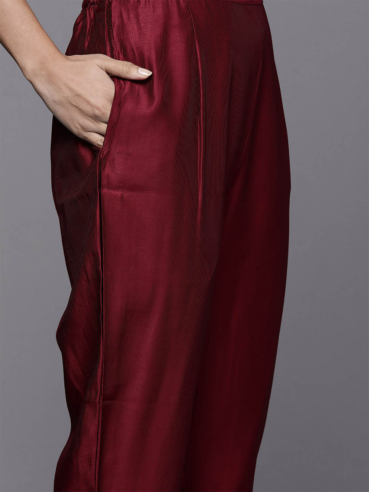 Odette Women Maroon Embroidered Straight Stitched Kurta Trouser Set
